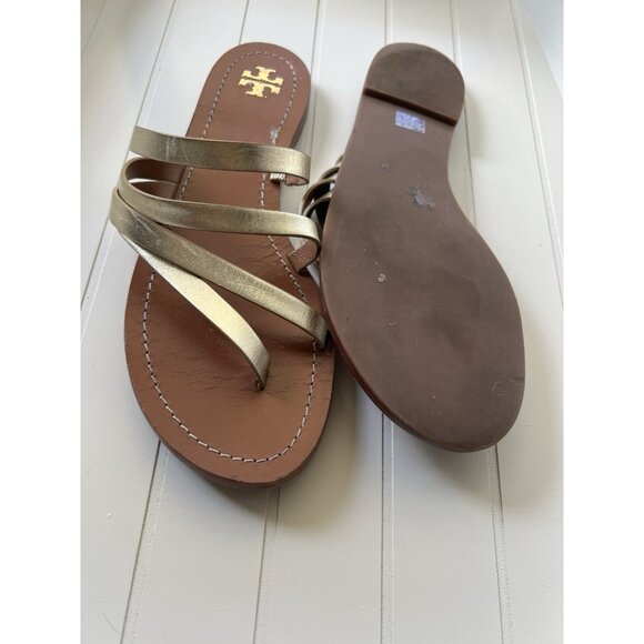 Tory Burch Patos Metallic Strappy Sandals Gold Leather Slides Summer Chic Size 9 - Picture 10 of 13